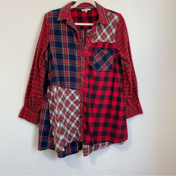 John Mark Red and Blue Plaid Flannel Patchwork Button Down Shirt Medium - Picture 1 of 9